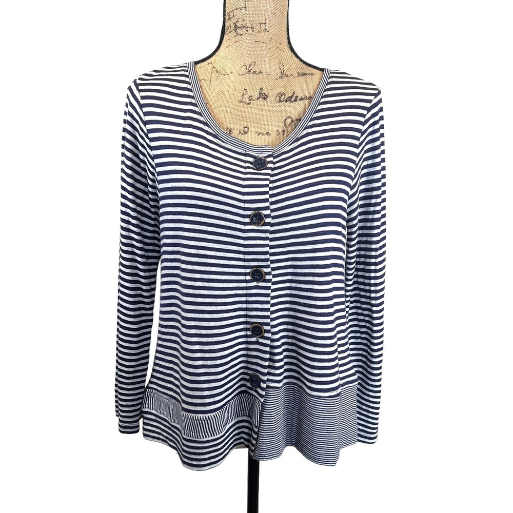 Habitat Striped Button Front Jersey Knit Cardigan White Blue Women's XS